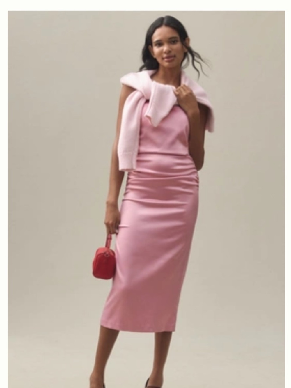 New with tags Anthropologie Pink Satin Midi Prom Dress with Red Bag Accent